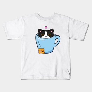 Sweet tuxedo cat sitting in a blue cup of tea Kids T-Shirt